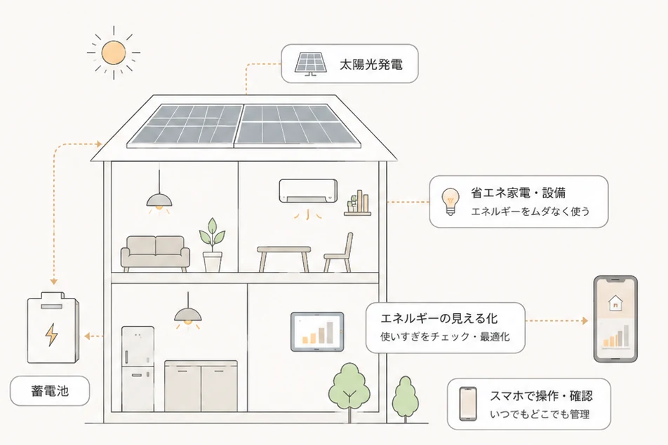 スマートハウス概念図 - 太陽光発電・蓄電池・省エネ家電・エネルギーの見える化・スマホ操作