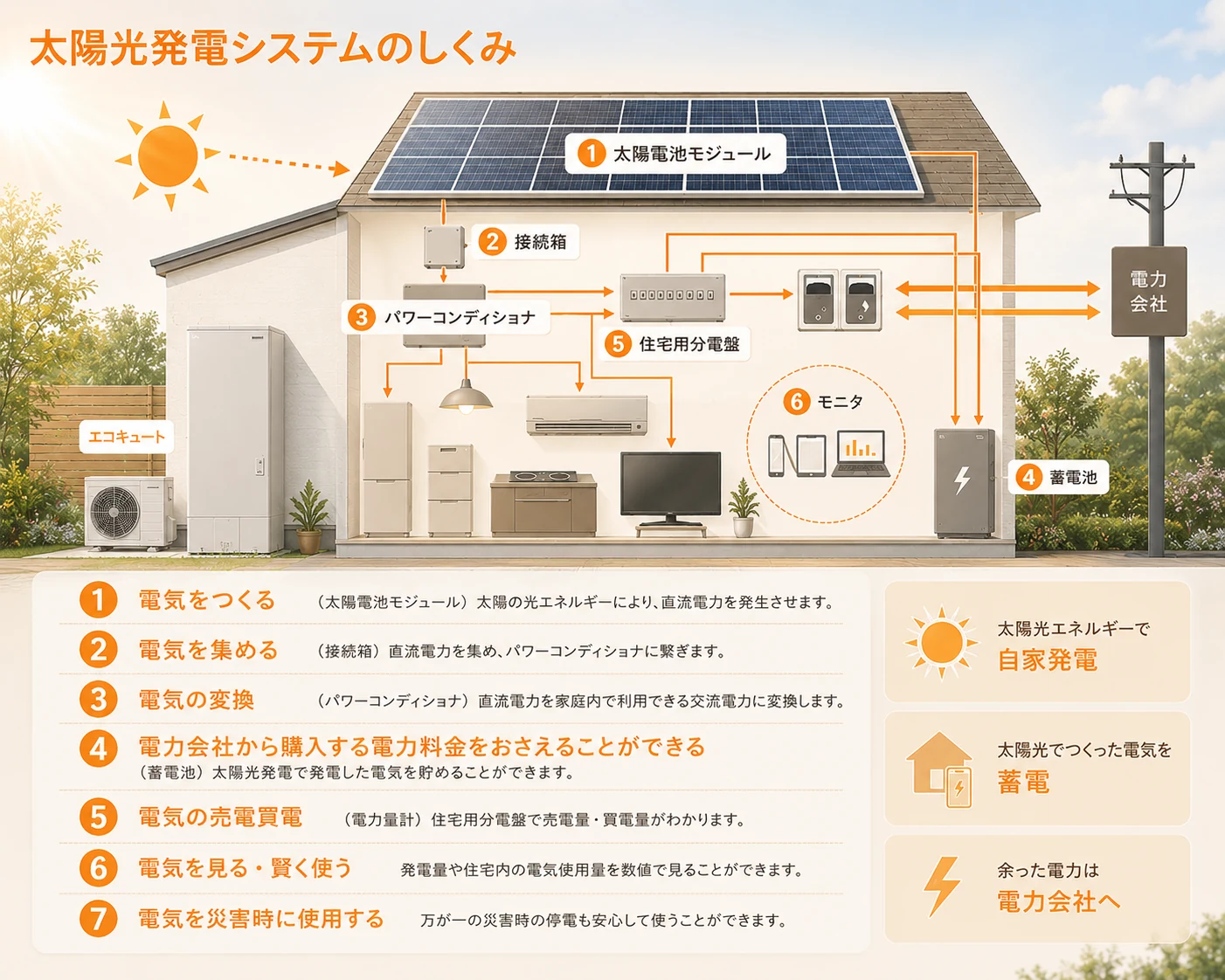 太陽光発電システムのしくみ - 太陽電池モジュール・接続箱・パワーコンディショナ・蓄電池・住宅用分電盤・モニタの構成図
